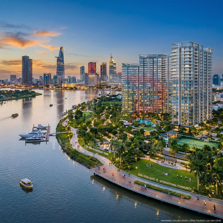 Căn hộ cao cấp ven sông với công viên và bến du thuyền nhìn về trung tâm thành phố lúc hoàng hôn
