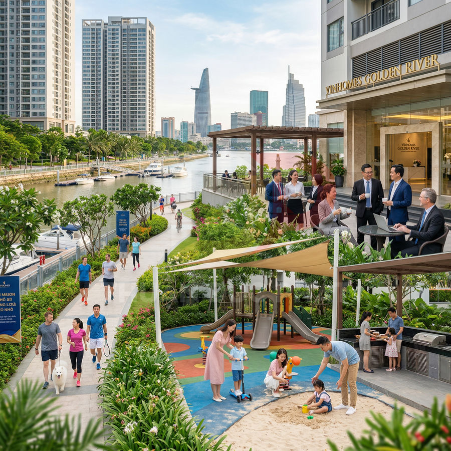Khu căn hộ Vinhomes Golden River ven sông với đường dạo bộ, sân chơi trẻ em và không gian sinh hoạt ngoài trời