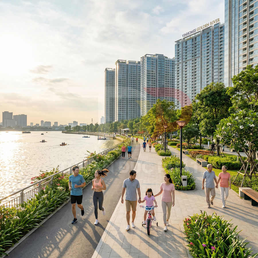 Cư dân dạo bộ và tập thể dục trên lối đi ven sông trước khu căn hộ Vinhomes Golden River hiện đại