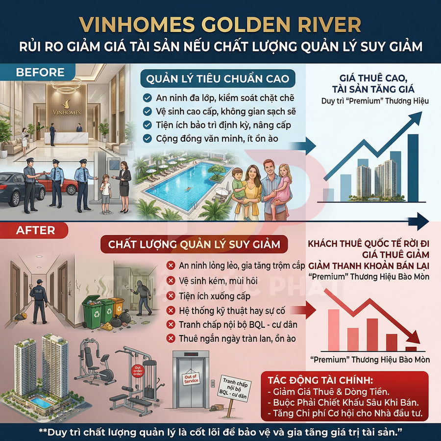 Infographic Vinhomes Golden River mô tả rủi ro giảm giá tài sản khi chất lượng quản lý tòa nhà suy giảm
