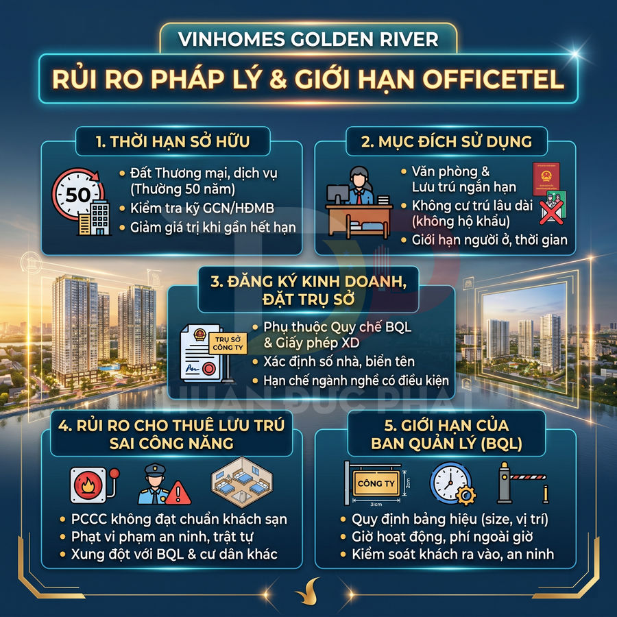 Infographic rủi ro pháp lý và giới hạn officetel dự án Vinhomes Golden River tại TP HCM
