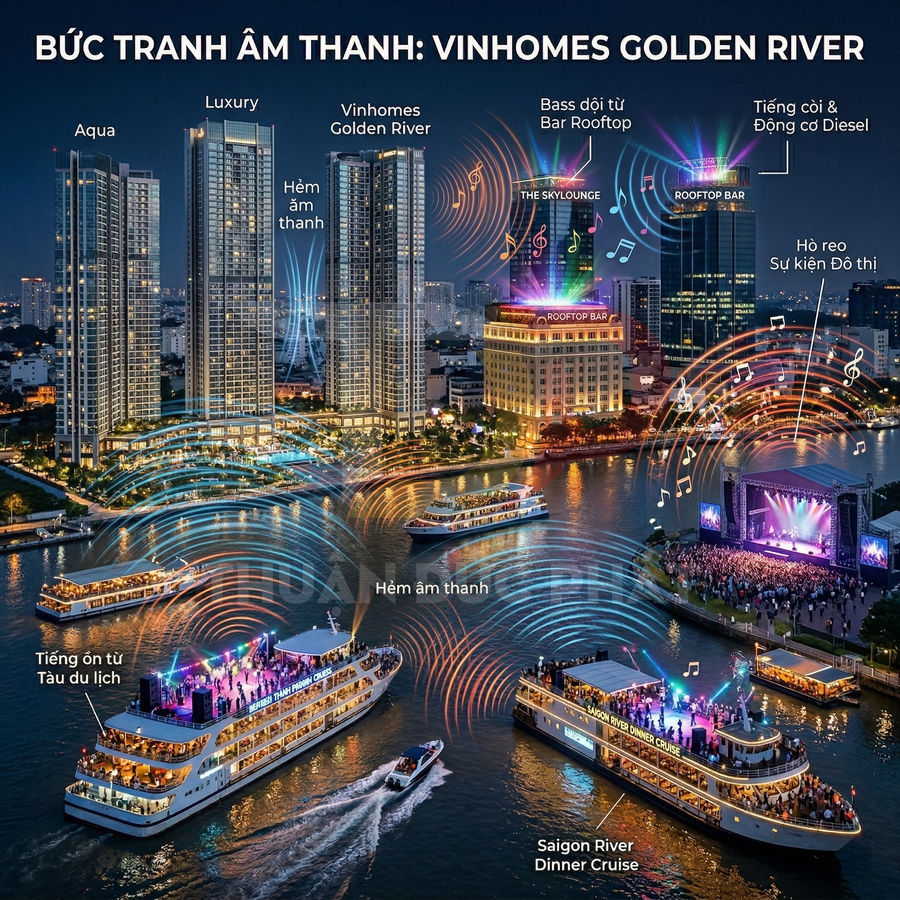 Vinhomes Golden River về đêm với du thuyền Saigon River Dinner Cruise và sân khấu ca nhạc bên sông