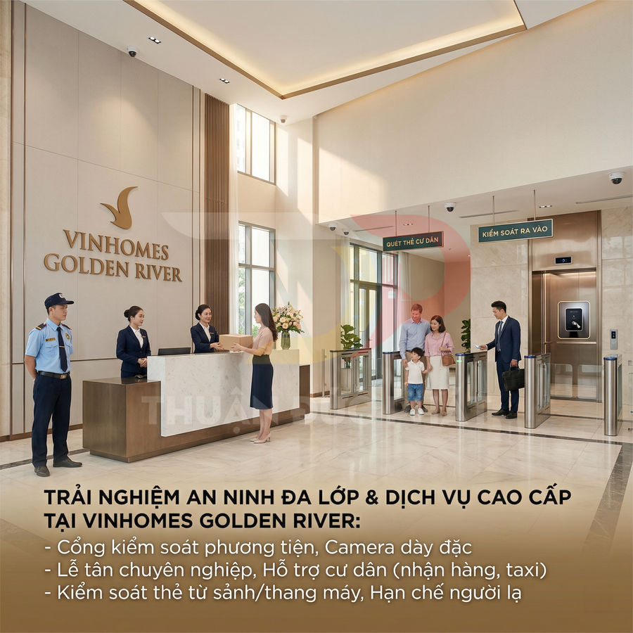 Sảnh lễ tân Vinhomes Golden River với bảo vệ, quầy tiếp tân và cổng kiểm soát an ninh ra vào hiện đại