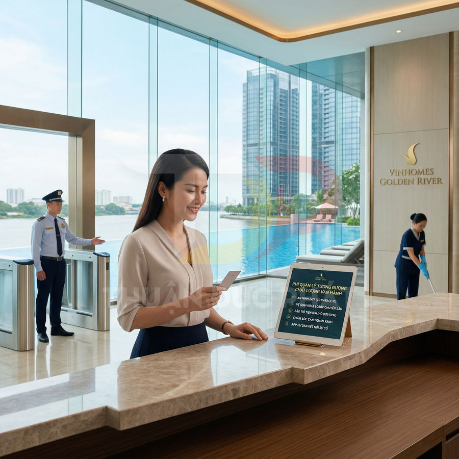 Khách hàng sử dụng điện thoại thông minh tra cứu thông tin trên máy tính bảng tại sảnh Vinhomes Golden River