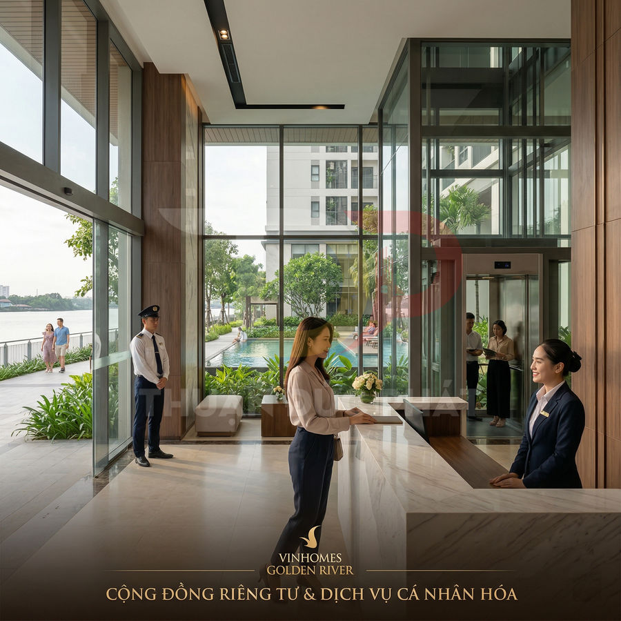 Sảnh lễ tân sang trọng tại Vinhomes Golden River với nhân viên phục vụ và hồ bơi ngoài trời cạnh sông