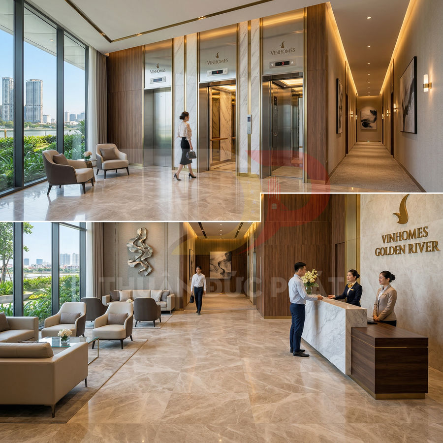 Sảnh lễ tân và khu chờ sang trọng của chung cư Vinhomes Golden River với thang máy và ghế sofa cao cấp