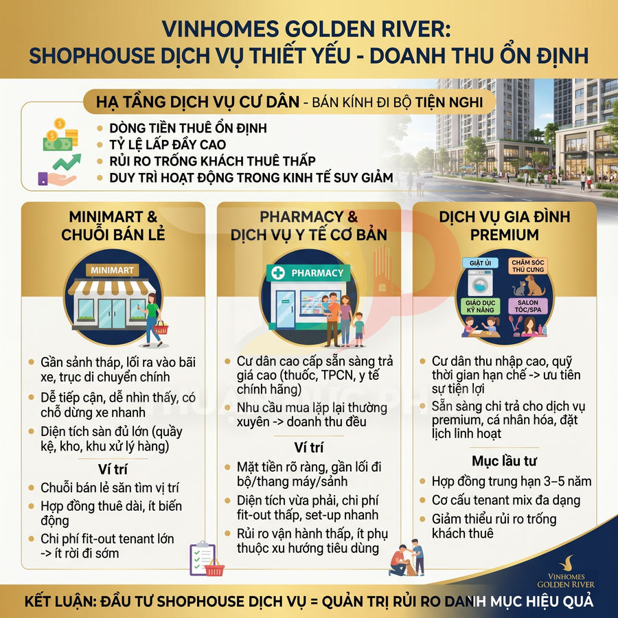 Infographic giới thiệu shophouse dịch vụ thiết yếu Vinhomes Golden River với minimart, pharmacy và dịch vụ gia đình premium