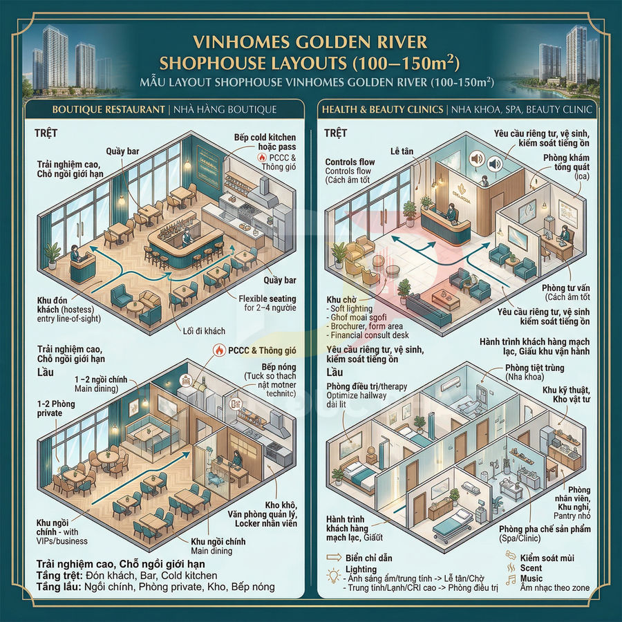 Mẫu layout shophouse Vinhomes Golden River 100 150m2 cho nhà hàng boutique và spa clinic