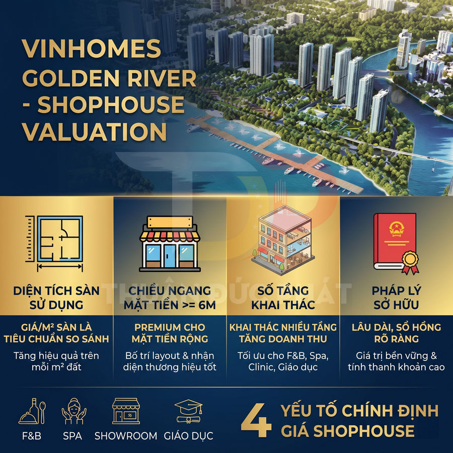 Infographic giới thiệu các yếu tố định giá shophouse Vinhomes Golden River bên sông và khu cao tầng