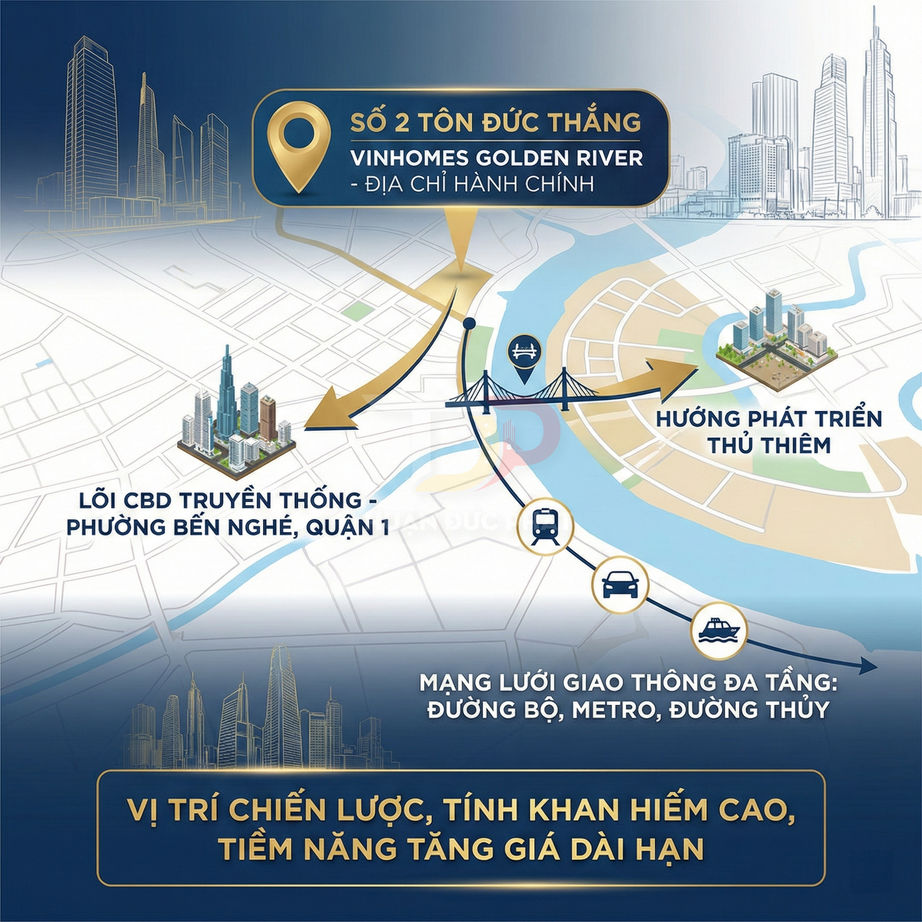 Vị trí dự án Vinhomes Golden River số 2 Tôn Đức Thắng, kết nối CBD Bến Nghé và hướng phát triển Thủ Thiêm