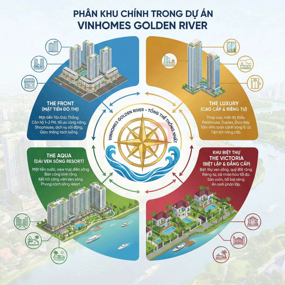 Sơ đồ các phân khu căn hộ và biệt thự cao cấp trong dự án Vinhomes Golden River bên sông Saigon
