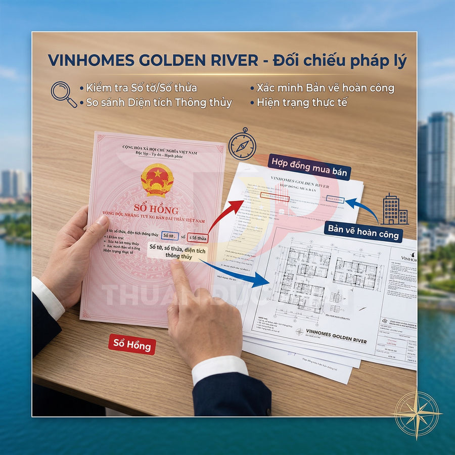 Hồ sơ pháp lý dự án Vinhomes Golden River với sổ hồng, hợp đồng mua bán và bản vẽ hoàn công trên bàn làm việc