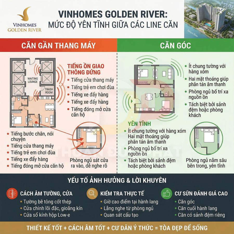 Infographic so sánh độ yên tĩnh căn gần thang máy và căn góc tại dự án Vinhomes Golden River