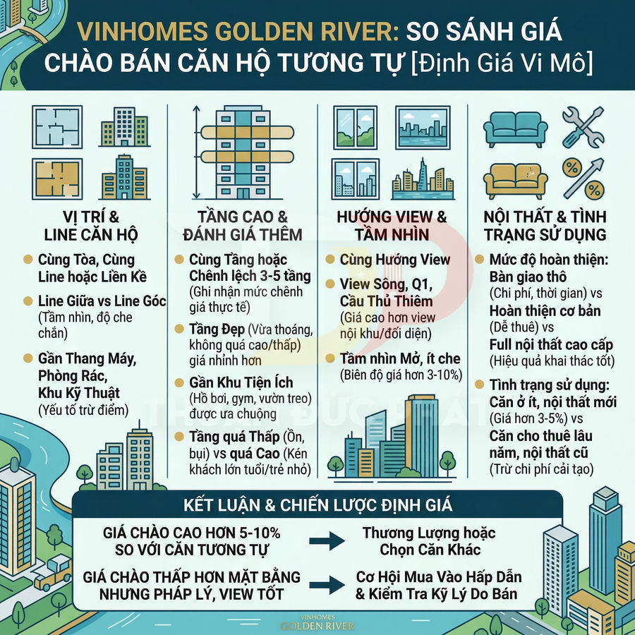 Infographic so sánh giá chào bán căn hộ Vinhomes Golden River theo vị trí, tầng, view và nội thất