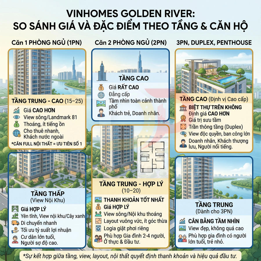Infographic so sánh giá và đặc điểm căn hộ Vinhomes Golden River theo tầng và số phòng ngủ