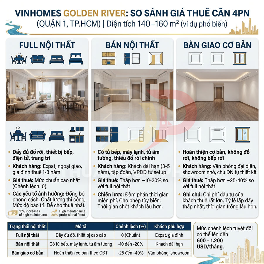 Infographic so sánh giá thuê căn hộ 4 phòng ngủ Vinhomes Golden River theo mức độ nội thất và khách hàng mục tiêu