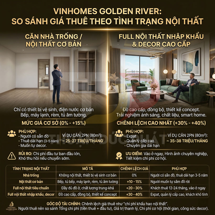 Infographic so sánh giá thuê căn hộ Vinhomes Golden River nhà trống và full nội thất nhập khẩu cao cấp