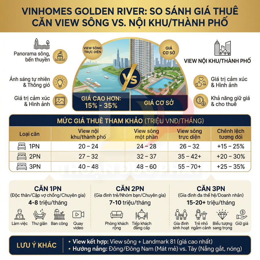 Infographic so sánh giá thuê căn hộ Vinhomes Golden River view sông và view nội khu thành phố
