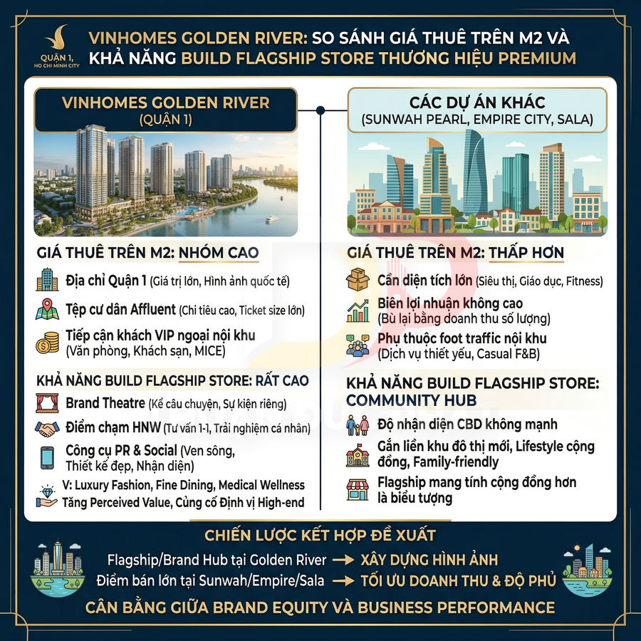 Infographic so sánh giá thuê và khả năng xây flagship store tại Vinhomes Golden River và các dự án cao cấp khác ở TP HCM