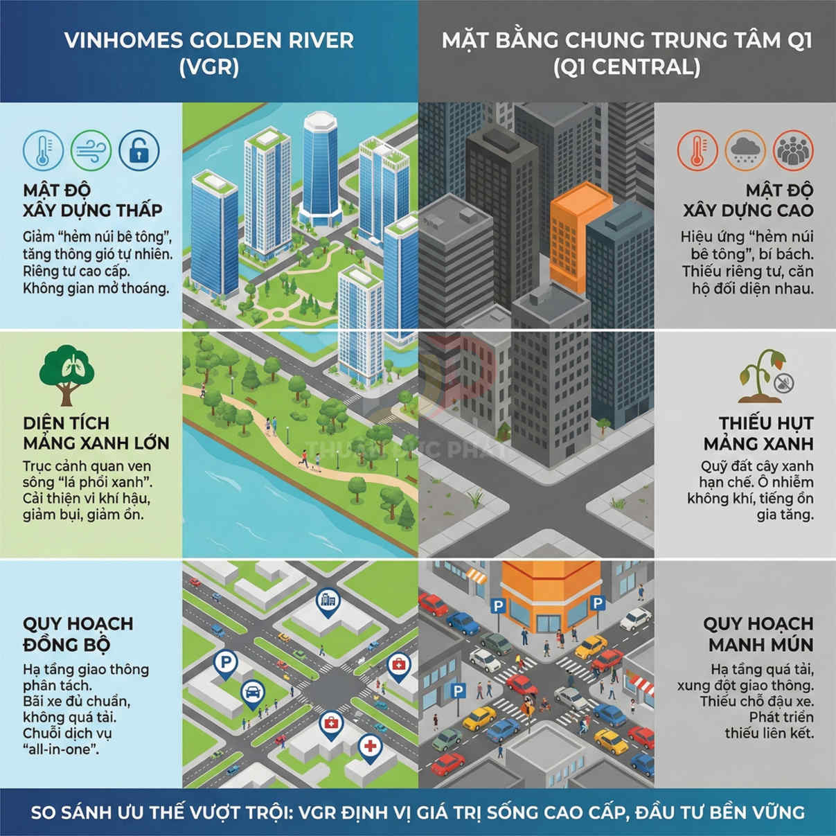 So sánh quy hoạch Vinhomes Golden River nhiều mảng xanh, hạ tầng đồng bộ với khu trung tâm Q1 mật độ cao, thiếu cây xanh