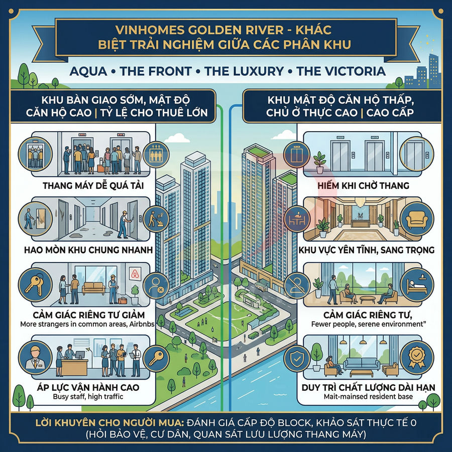 Infographic so sánh trải nghiệm các phân khu căn hộ cao cấp Vinhomes Golden River, mật độ cư dân và tiện ích khác nhau