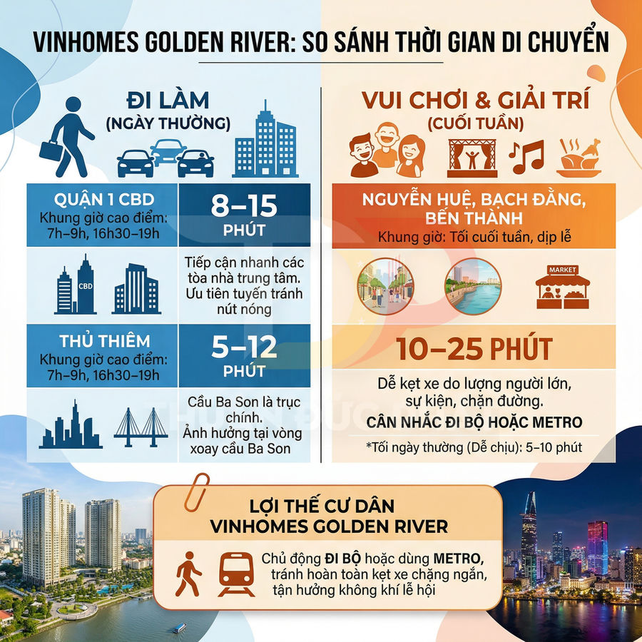 Infographic so sánh thời gian di chuyển và lợi thế vị trí dự án Vinhomes Golden River tại TP HCM