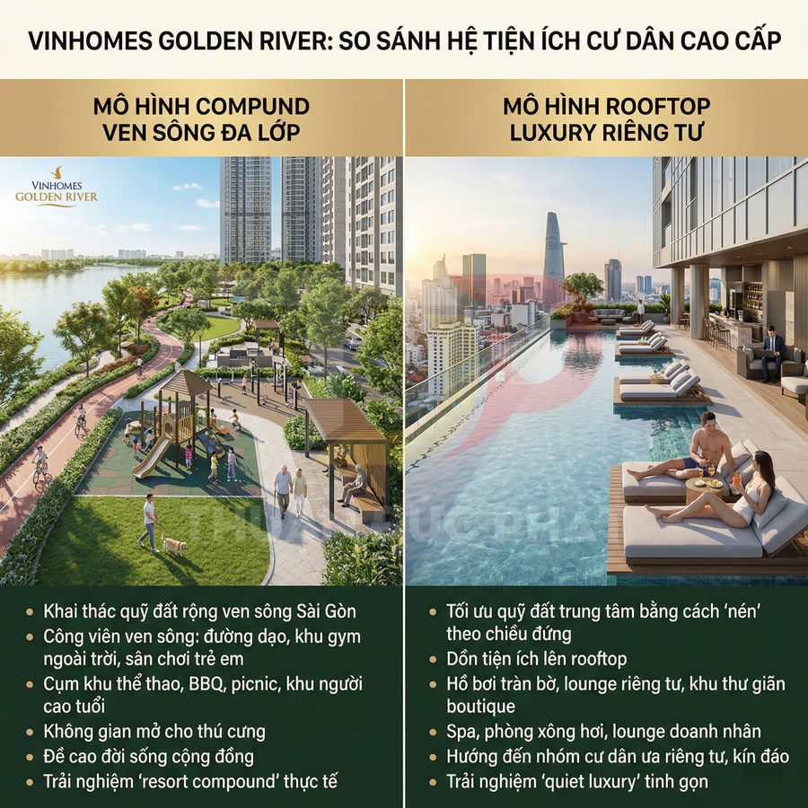 Tiện ích cao cấp Vinhomes Golden River với công viên ven sông và hồ bơi rooftop sang trọng