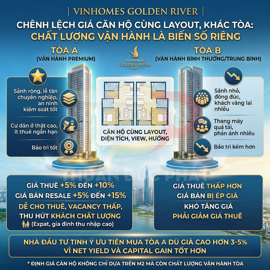 Infographic so sánh chất lượng vận hành và giá thuê bán căn hộ Vinhomes Golden River tòa A và tòa B