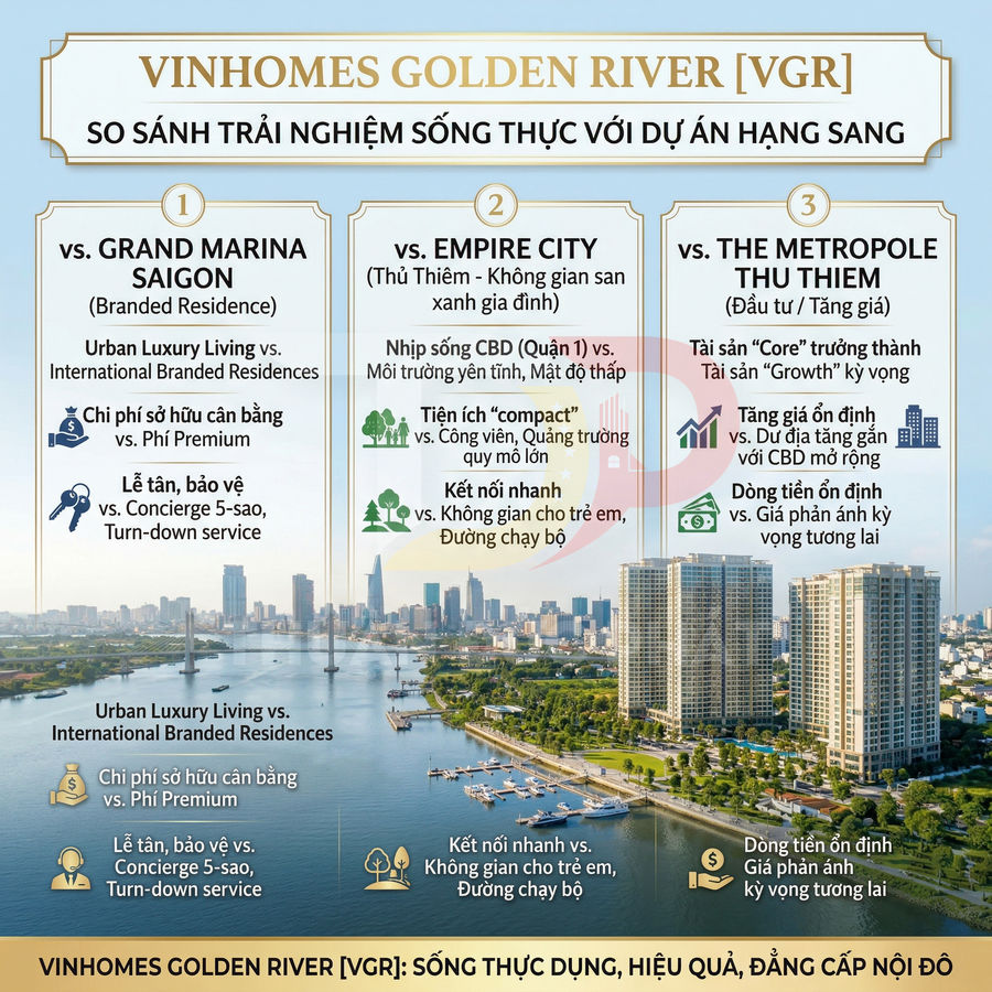 So sánh dự án căn hộ cao cấp Vinhomes Golden River với Grand Marina, Empire City và The Metropole Thủ Thiêm