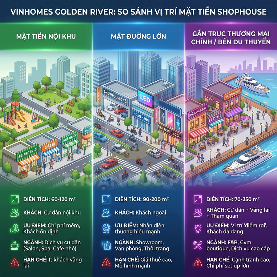 Infographic so sánh vị trí mặt tiền shophouse Vinhomes Golden River: nội khu, mặt đường lớn và gần bến du thuyền