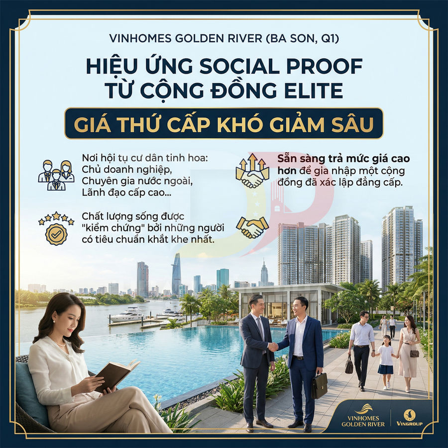 Banner quảng cáo dự án căn hộ cao cấp Vinhomes Golden River với hồ bơi, bến thuyền và cư dân sang trọng