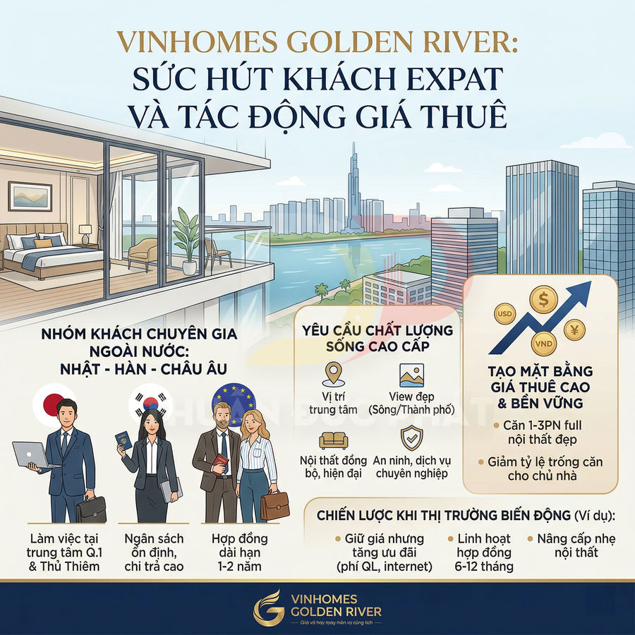 Infographic Vinhomes Golden River về sức hút khách expat và tác động đến giá thuê căn hộ cao cấp