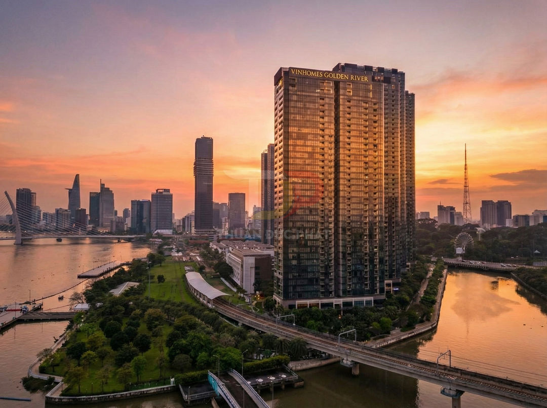 Tòa nhà căn hộ Vinhomes Golden River bên sông Sài Gòn lúc hoàng hôn, nhìn ra trung tâm thành phố