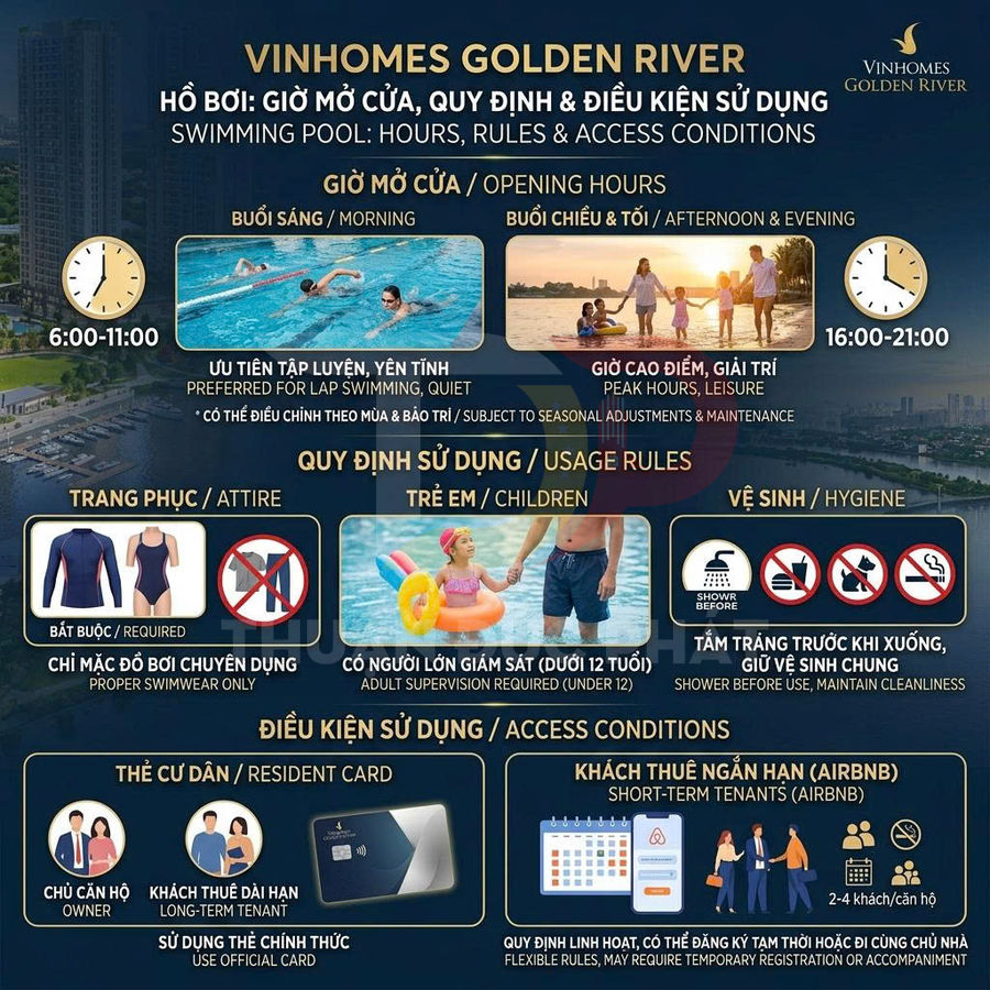 Bảng thông tin quy định giờ mở cửa và điều kiện sử dụng hồ bơi Vinhomes Golden River