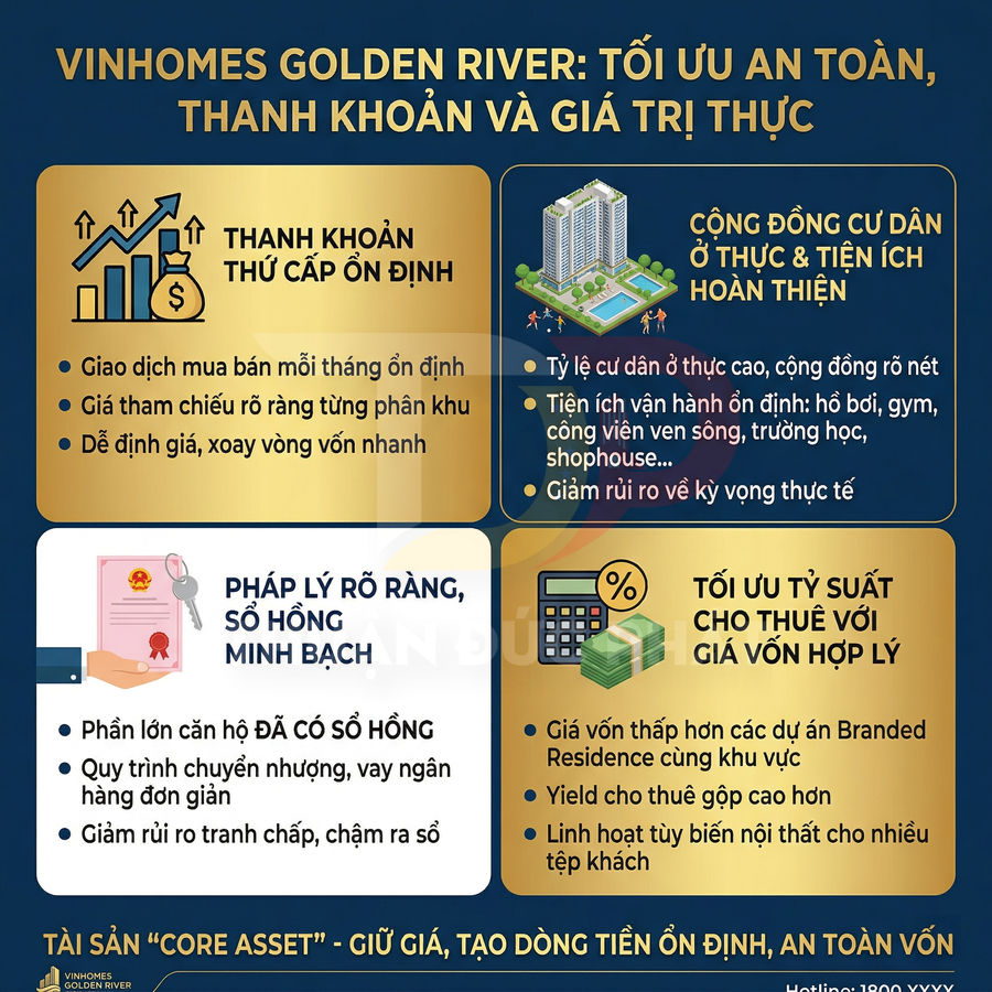 Infographic giới thiệu ưu điểm dự án căn hộ Vinhomes Golden River về an toàn, thanh khoản và giá trị đầu tư