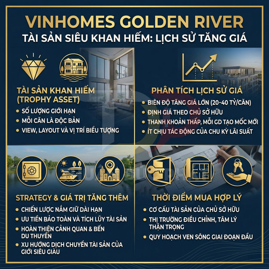 Infographic giới thiệu dự án bất động sản cao cấp Vinhomes Golden River và lợi thế tăng giá, chiến lược đầu tư