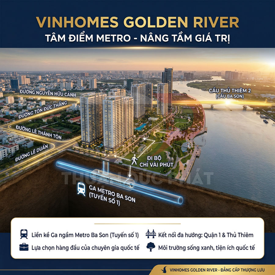 Phối cảnh dự án căn hộ Vinhomes Golden River bên sông Sài Gòn, liền kề ga metro Ba Son và cầu Thủ Thiêm 2