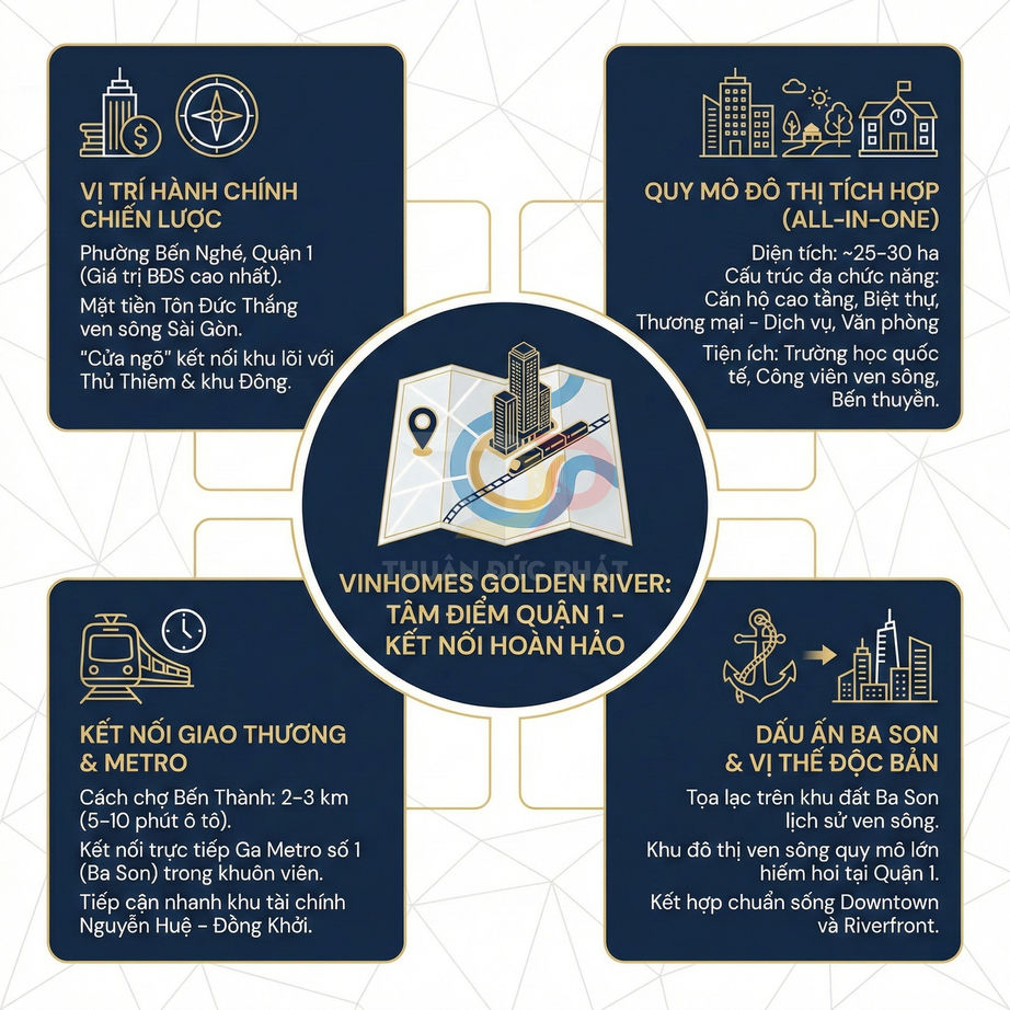 Infographic giới thiệu dự án căn hộ Vinhomes Golden River tại quận 1 với vị trí, tiện ích và kết nối giao thông