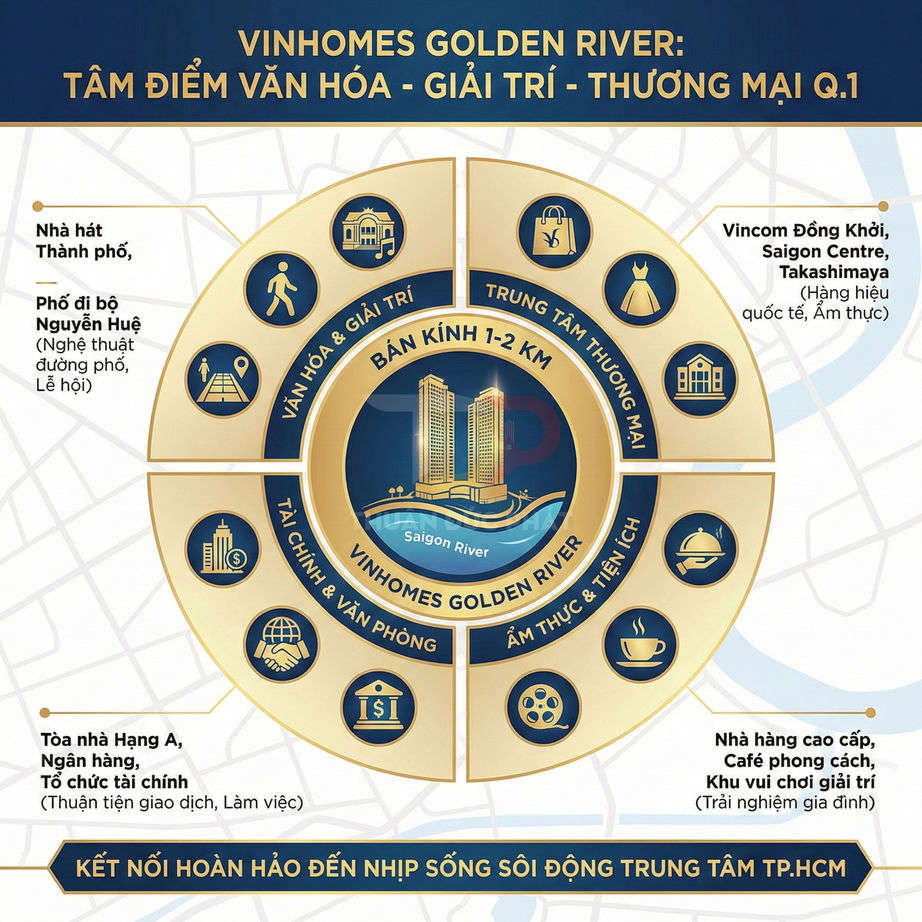 Infographic giới thiệu dự án căn hộ Vinhomes Golden River và các tiện ích, trung tâm thương mại, giải trí xung quanh