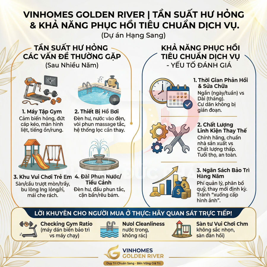Infographic Vinhomes Golden River về tần suất hư hỏng tiện ích và khả năng phục hồi tiêu chuẩn dịch vụ