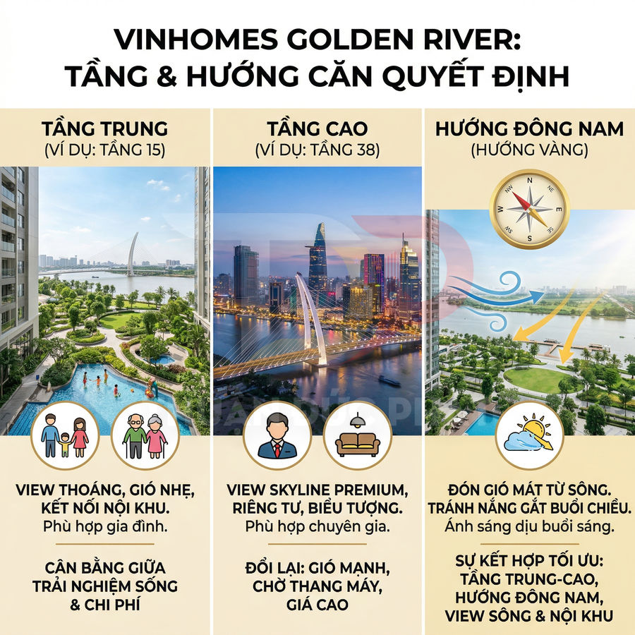 Căn hộ Vinhomes Golden River view sông và nội khu, so sánh tầng trung tầng cao và hướng Đông Nam