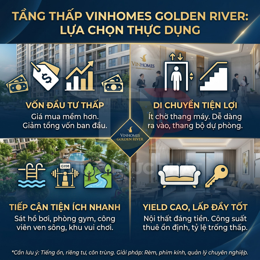 Infographic giới thiệu ưu điểm căn hộ tầng thấp Vinhomes Golden River: vốn đầu tư thấp, tiện ích đầy đủ, yield cao