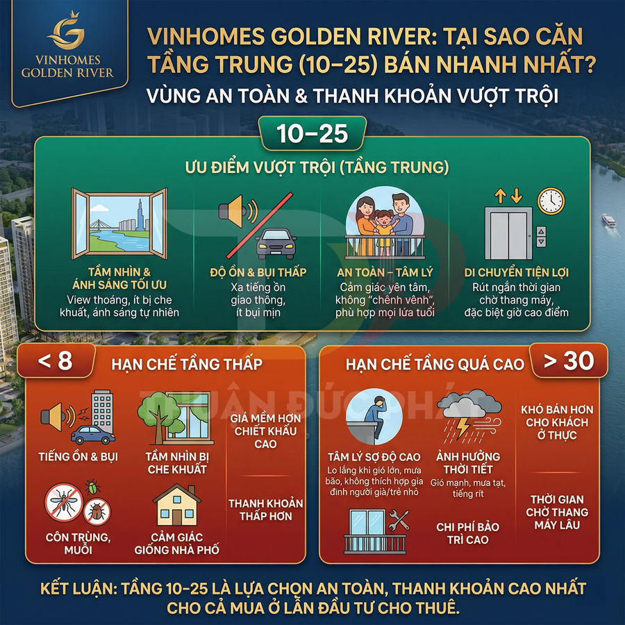 Infographic Vinhomes Golden River phân tích ưu điểm căn hộ tầng trung 10 25 so với tầng thấp và tầng quá cao