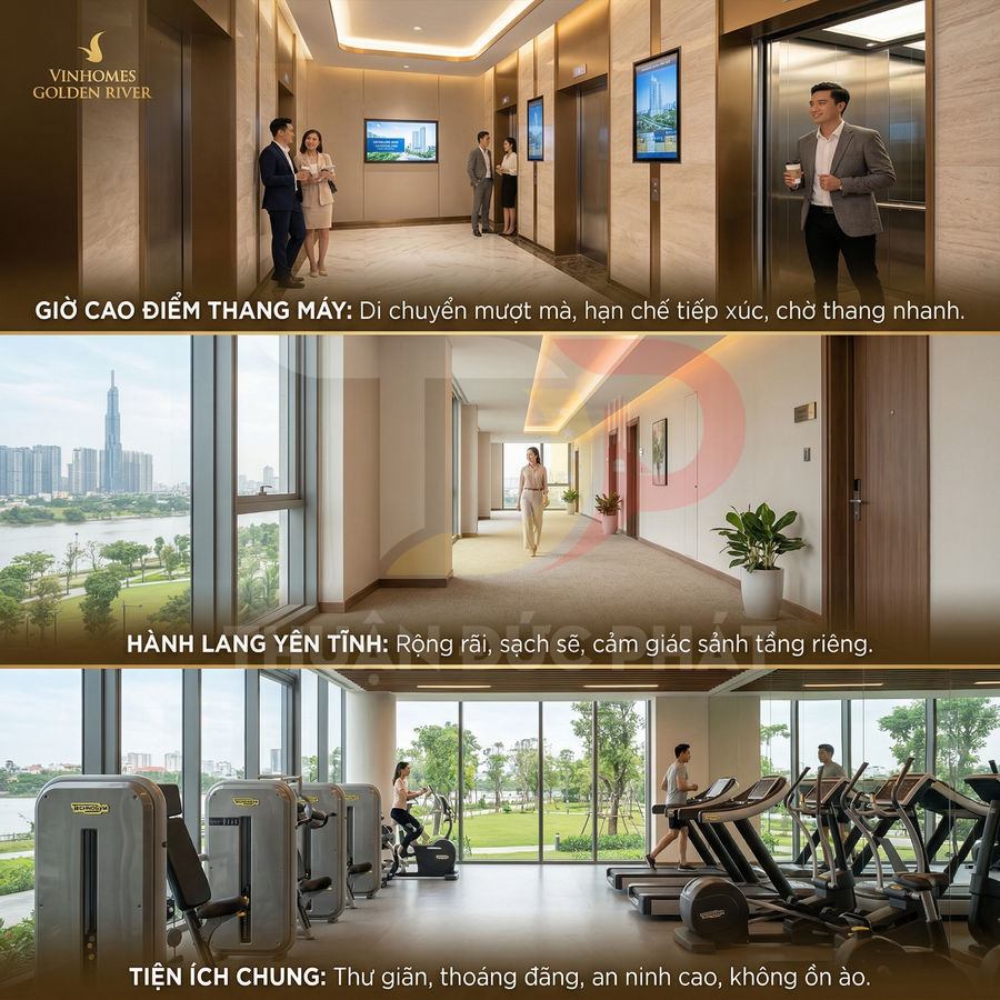 Tiện ích cao cấp Vinhomes Golden River với sảnh thang máy, hành lang và phòng gym hiện đại, view sông thoáng rộng