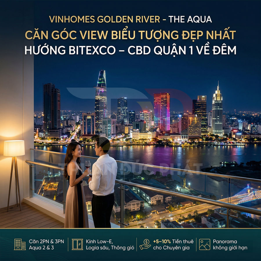 Căn hộ Vinhomes Golden River The Aqua view sông Sài Gòn và Bitexco về đêm, cặp đôi thưởng rượu trên ban công