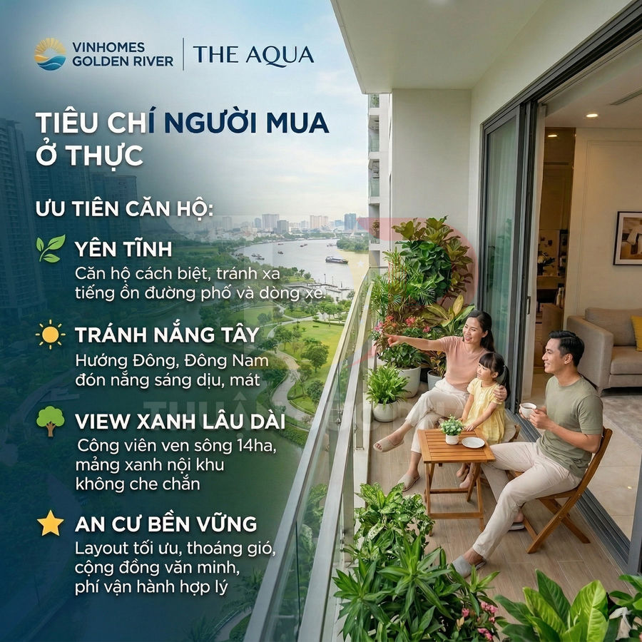 Căn hộ Vinhomes Golden River The Aqua ban công rộng view sông xanh, gia đình thư giãn uống trà