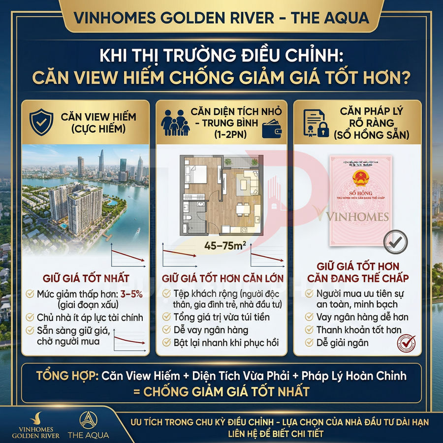 Infographic dự án căn hộ Vinhomes Golden River The Aqua với ưu điểm căn view hiếm, diện tích nhỏ và pháp lý rõ ràng