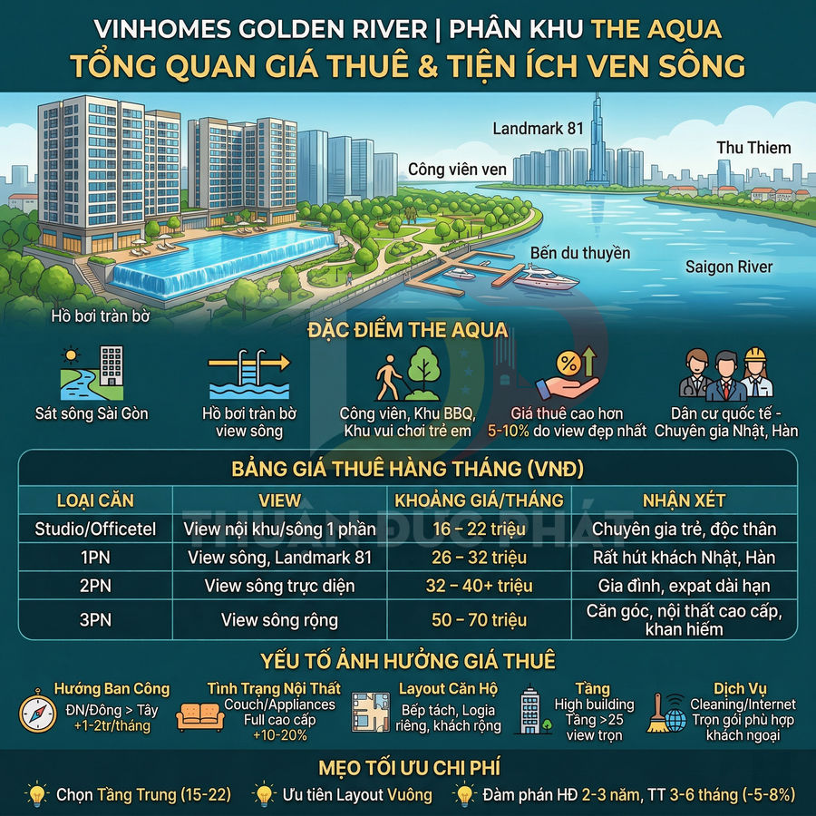 Infographic tổng quan giá thuê và tiện ích căn hộ Vinhomes Golden River phân khu The Aqua ven sông Sài Gòn