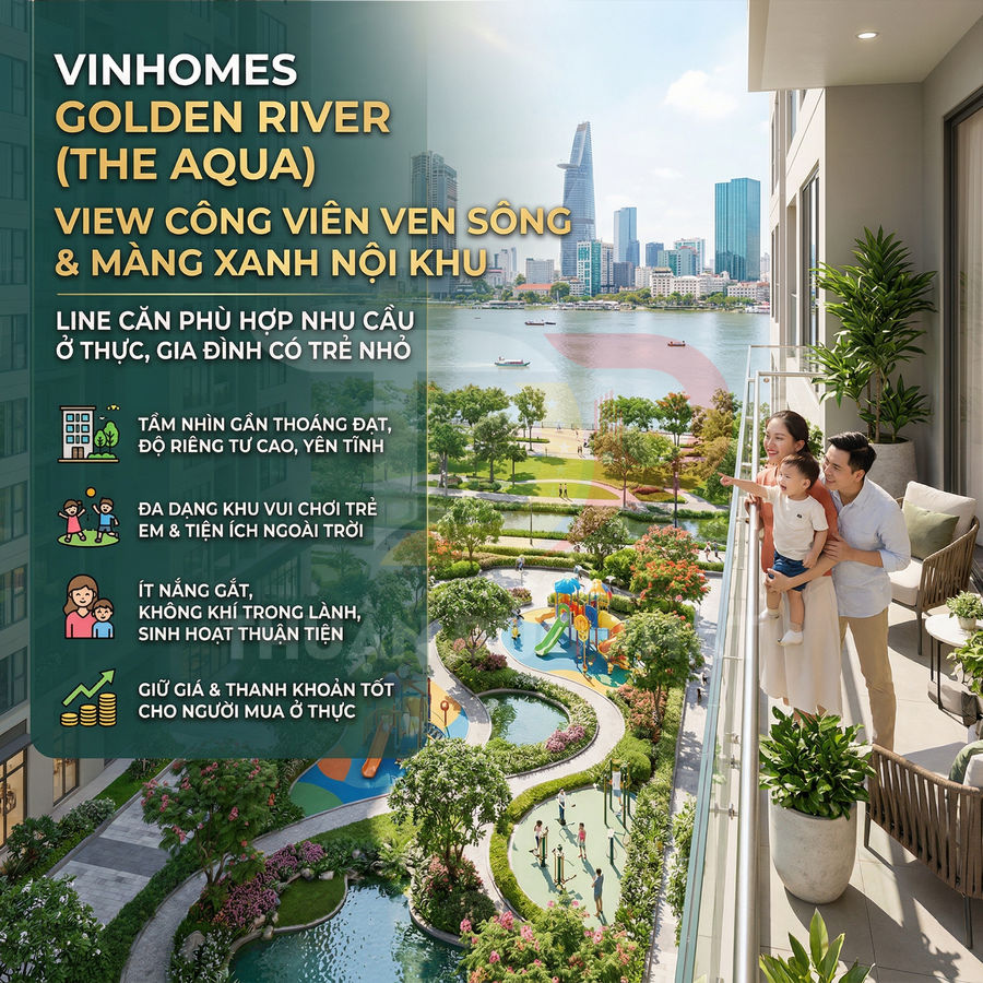 Căn hộ Vinhomes Golden River view công viên ven sông, gia đình trẻ đứng ban công nhìn khu vui chơi trẻ em
