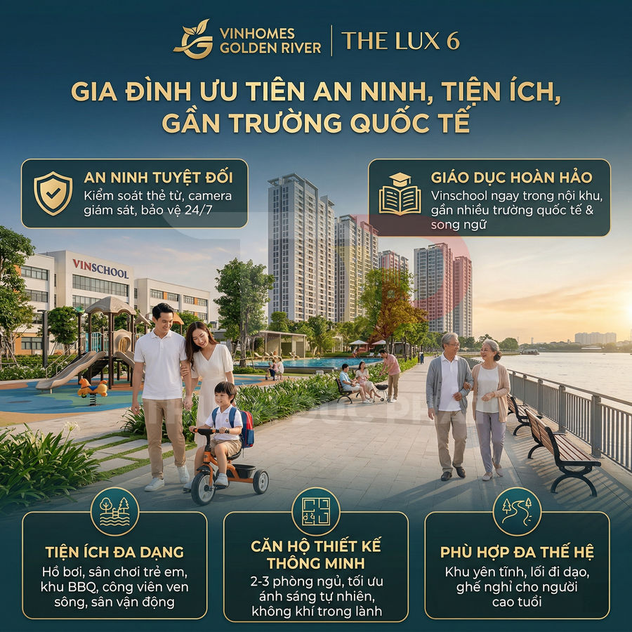 Gia đình dạo bộ trong khu căn hộ Vinhomes Golden River ven sông với trường Vinschool và tiện ích xanh